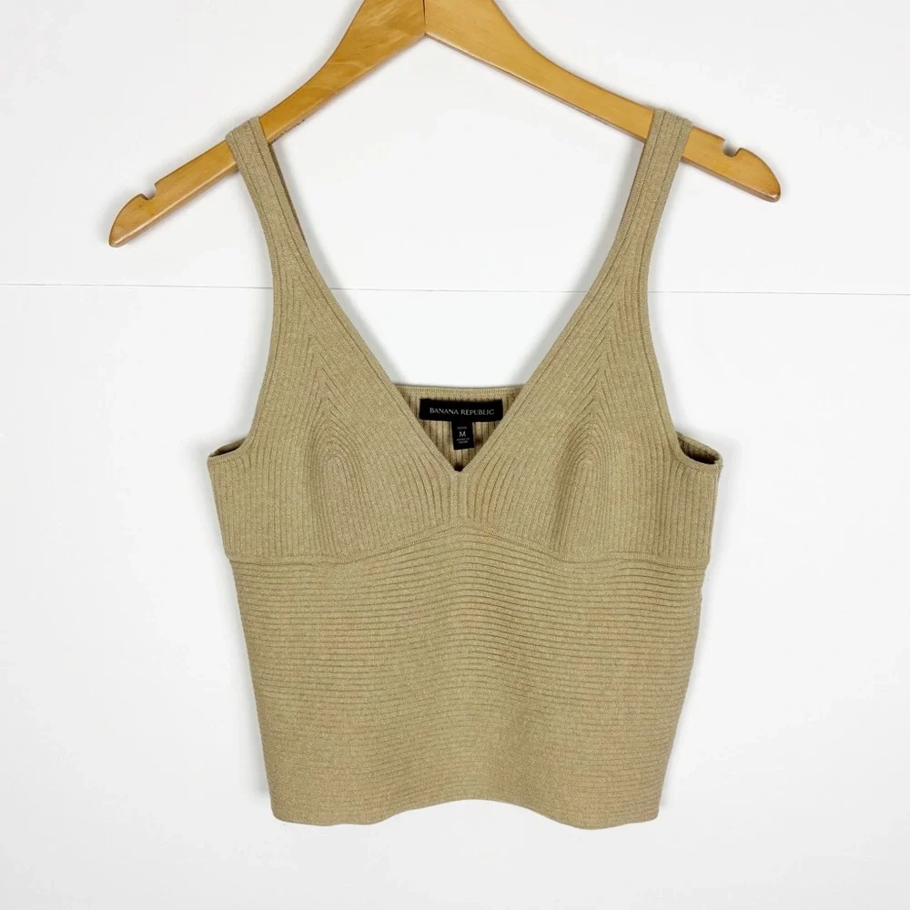Banana Republic Tank Top Size Petite Medium Tan Gold Metallic Ribbed V Neck New - Picture 8 of 8